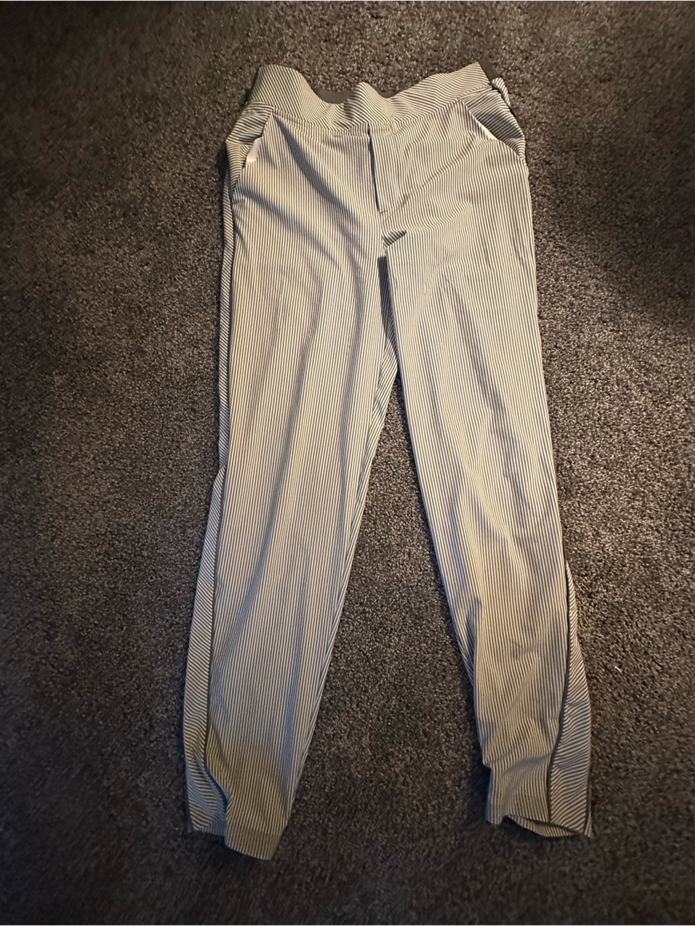 Athleta Straight-Leg Pinstripe Pants in White and gray